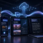 Ilustrace AI asistenta propojujícího vizuální analýzu, generování textu a plánování na telefonu, tabletu a notebooku