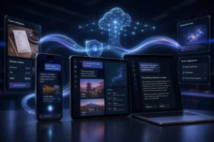 Ilustrace AI asistenta propojujícího vizuální analýzu, generování textu a plánování na telefonu, tabletu a notebooku
