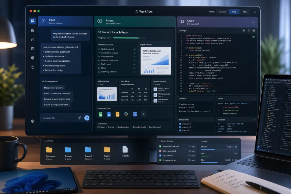 Ukázka pracovního rozhraní AI workflow pro chat, tvorbu reportů a programování